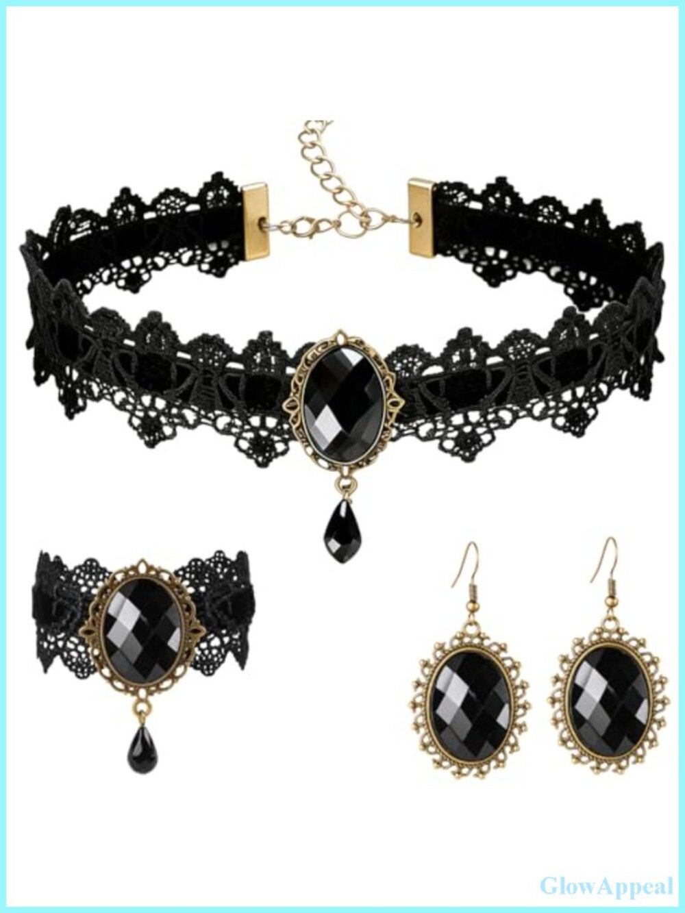 Lace Choker Necklace Bracelet Earrings Set Victorian Gothic Adjustable Buckle